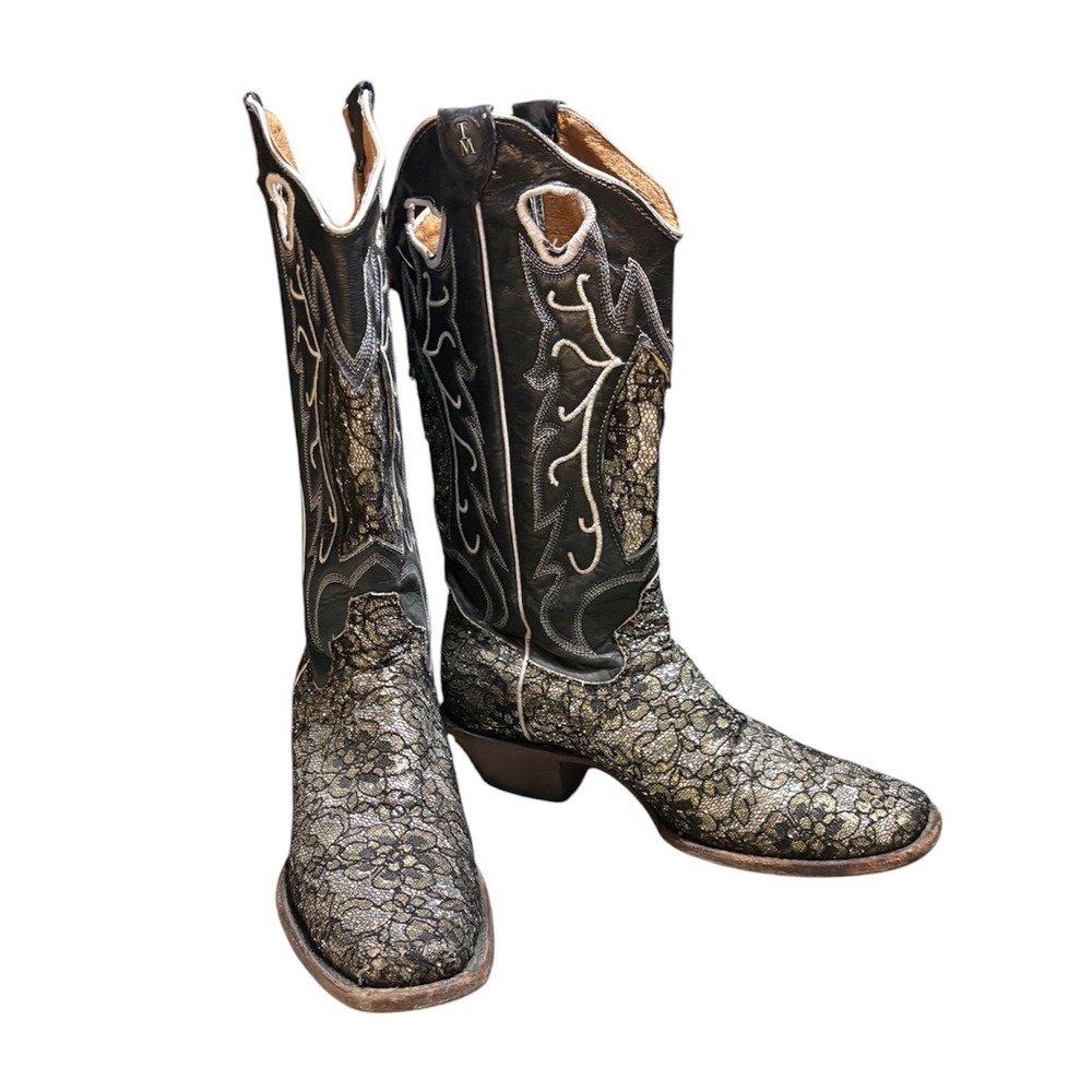 Tanner Mark Cowboy Boots Black Silver & Gold Lace Square Toe Women Size 9